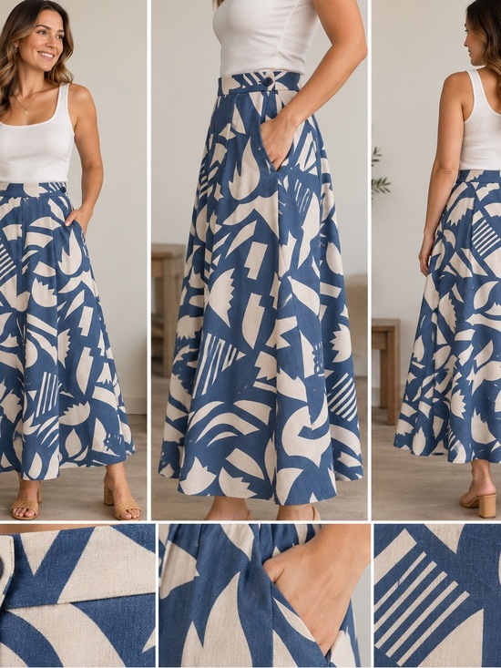 Unbranded Dresses & Skirts - Vintage Women Blue Ivory Abstract Print Full Midi Skirt Lined Pockets 29” Waist